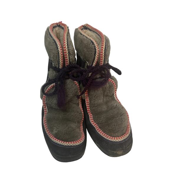 Vintage 1970s Yodelers Blue Suede  Gray Faux Fur Sheep Skin Boots. - Picture 7 of 9